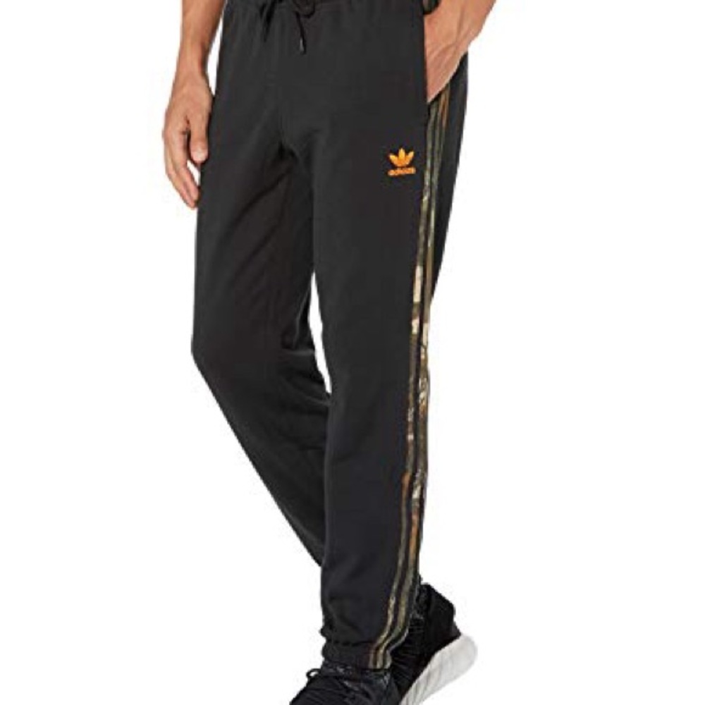 Adidas Originals Black and Camo Stripe Sweatpants with Orange Logo